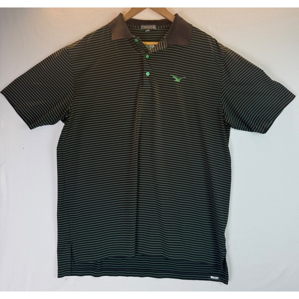 Peter Millar Summer Comfort Black w/Green Stripes‎ Golf Polo Eagle Logo Sz L